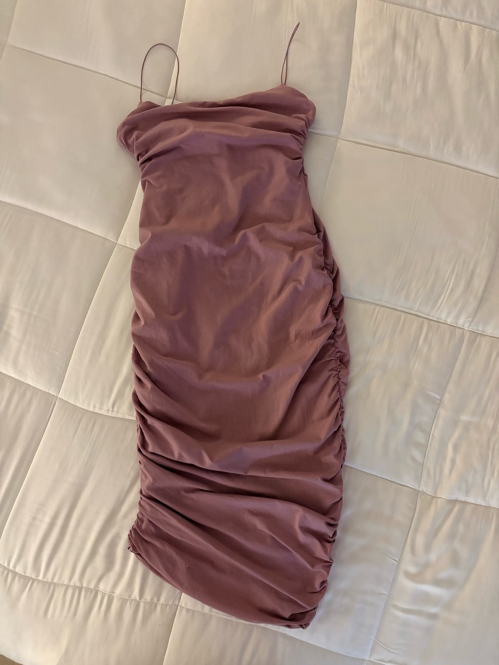 Oh Polly Mauve Ruched Spaghetti-Strap Midi Dress